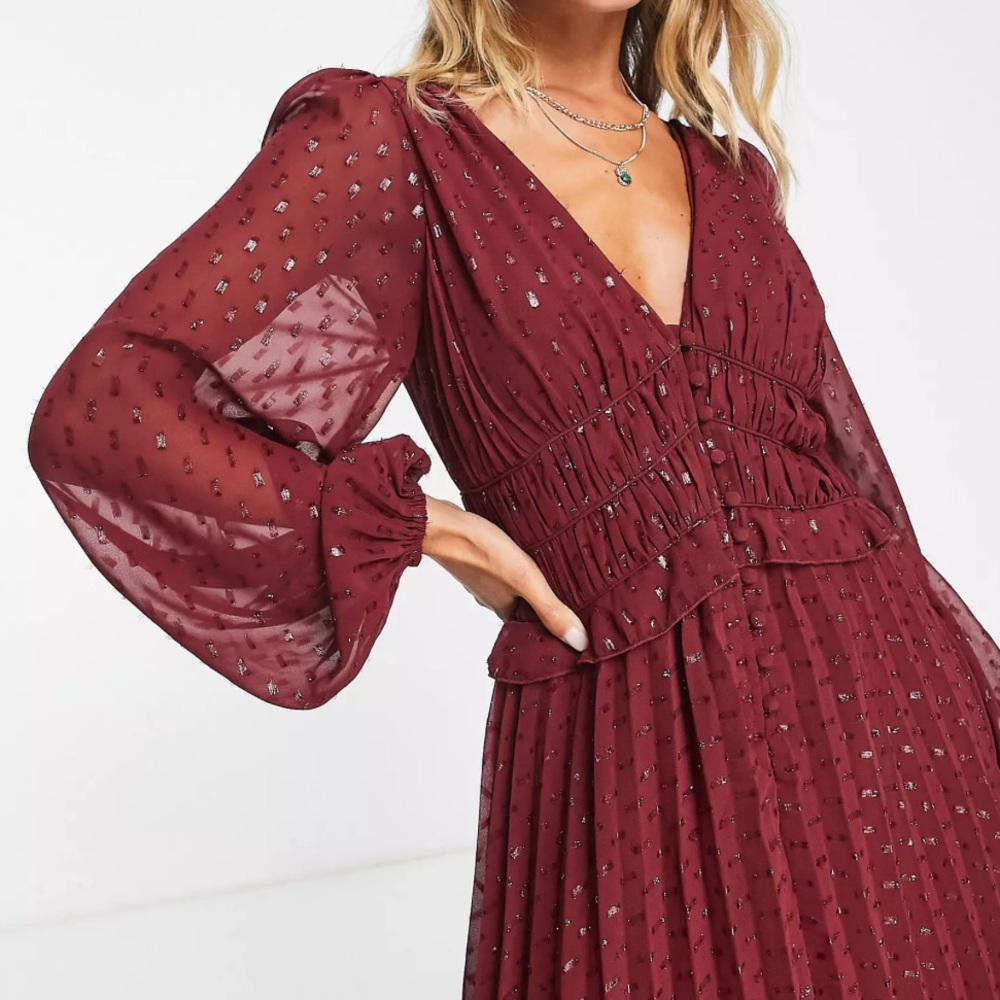 ASOS DESIGN button through ruched waist pleated midi dress with metallic texture